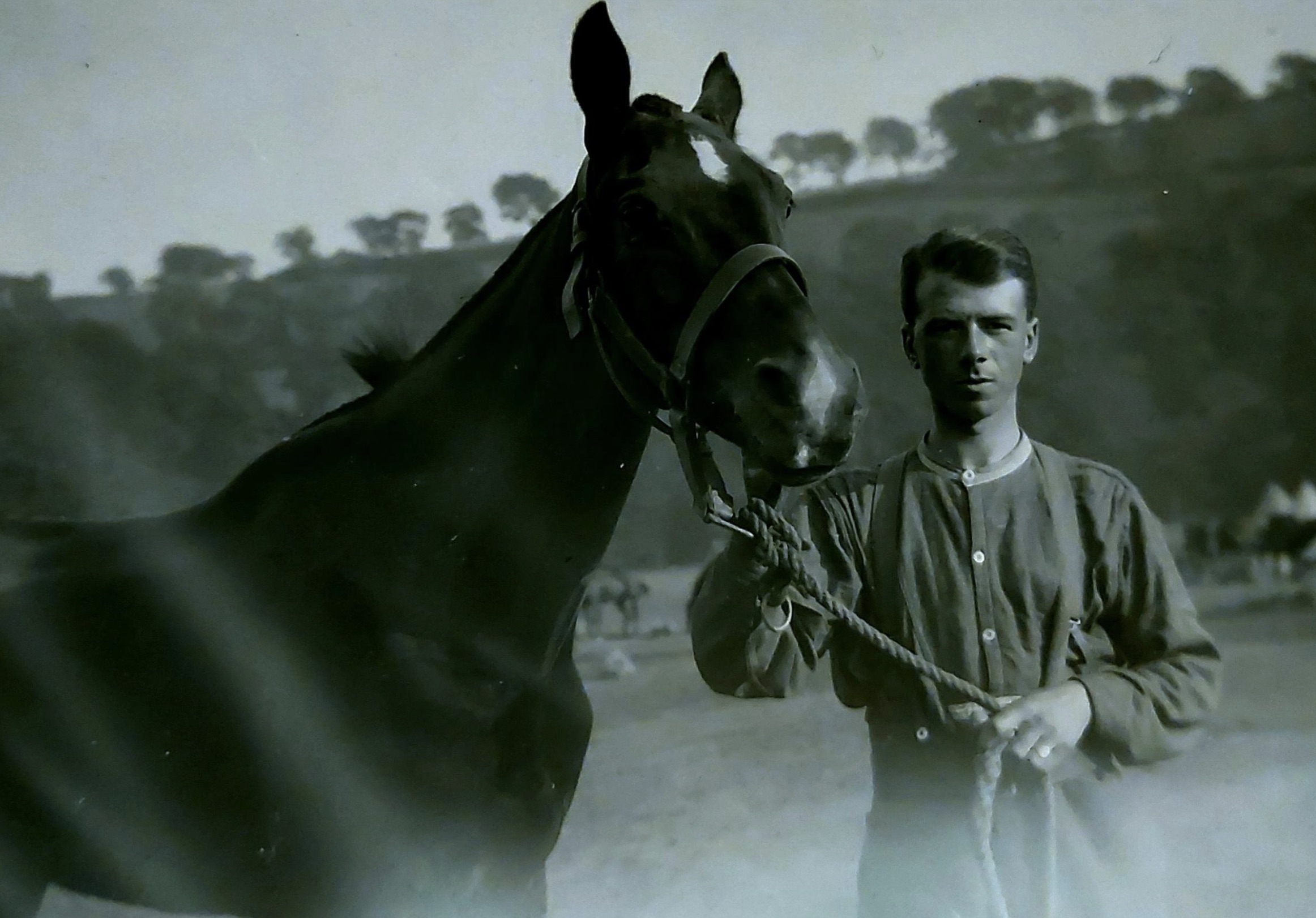 My great-great-uncle Hugh's friend and his war horse, photographed during Officer Training at the beginning of WWI
